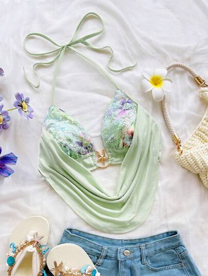 Soleia Spring/Summer New Casual Vacation Western Beach Wedding Guest Attire, Graduation Brunch, St. Patrick's Day Spring Break, Easter Music Festival, Elegant Boho Tropical Halter Backless Sequin Party Valentine's Day Tie-Up Metallic Decor Women's Fit