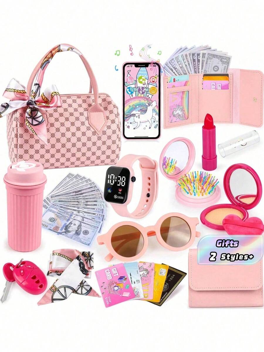 小女孩玩具钱包,幼儿钱包带假化妆品,公主玩具套装,包括手提包、手机、手表、围巾,儿童玩具钱包,生日礼物,适合3、4、5、6岁及以上女孩。 - 彩色 - 查看 1