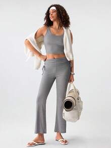 Loungeista 2pcs Set Spring Summer Autumn Casual Pajamas, Solid Color Drawstring Flared Pants Loungewear Set, Slimming Commuter Sleepwearfor Summer - Grey - View 1