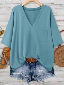 SHEIN LUNE Áo mùa hè cỡ lớn màu xanh lá cây dành cho nữ, cổ chữ V, có túi, chất liệu cotton. - Màu xanh lam - Xem 1