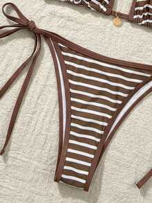 Swim Mod Women's New Solid Color Triangle Cup Bikini Set, Sexy Tie-Up Contrast Color Swimwear 2 Pieces - Brown - View 5