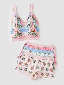 Chillnights THE POWERPUFF GIRLS X SHEIN 3件套女士可爱卡通全印花文胸和宽松内裤套装 - 彩色 - 查看 6