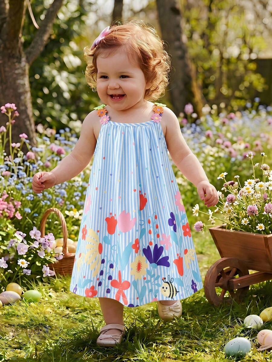 SHEIN Vintaside Kids Vestido de línea A a rayas con parches de flores de colores brillantes para niñas, adecuado para uso diario casual y ocasiones festivas - Multicolor - Ver 1