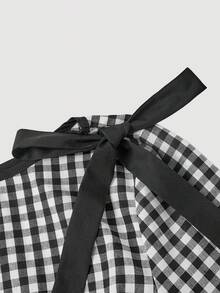 SHEIN MOD 女士格子蝴蝶结装饰喇叭袖收腰衬衫 - 黑與白 - 查看 5
