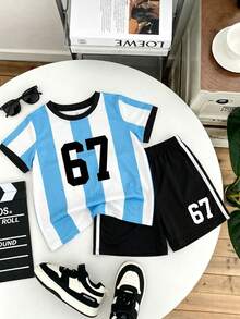 [Random 3 Sets,Send 1 Sets] Young Boy Casual Simple T-Shirt Set Summer Outfits Toddlers Boys Football Soccer Uniform Running Athletics Jogging Outfits - White - View 5