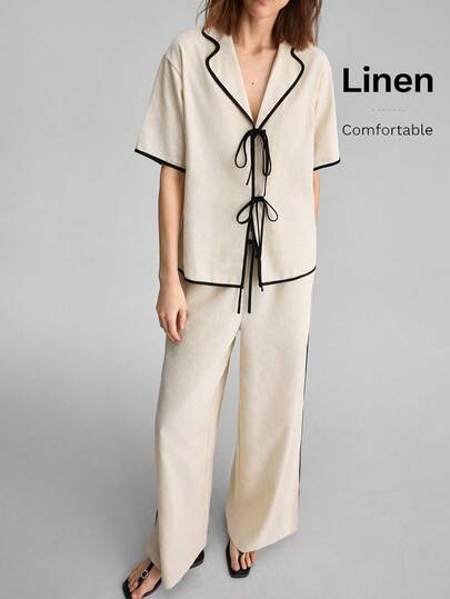 Ontre 2026SS Nouveau ensemble 2 pièces pour femmes d'été, tissu tressé avec matériau en lin, design bicolore, Top et pantalon large pour femmes, style confortable de villégiature, tenue de vacances