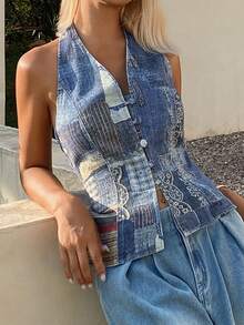 Livesso Áo sơ mi denim nữ họa tiết hoa, kiểu dáng đơn giản, cổ yếm. - Màu xanh lam - Xem 7