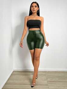 SHEIN SXY 女士纯色高腰PU皮短裤 - 綠色 - 查看 4