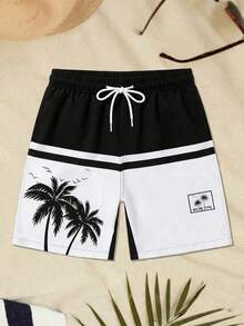 Manfinity Swimmode Men's Black Summer Casual Beach Holiday Vacation Printed Shorts,Elastic Waist Drawstring Tropical Swim Trunks,Outdoor Sports Bathing Suits Board Wear - Multicolor - View 2