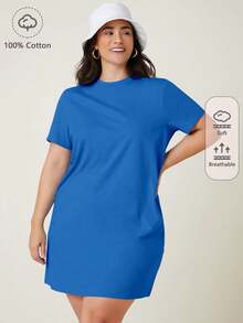 SHEIN BASICS 大码女式纯色简约圆领短袖连衣裙 - 寶藍色 - 查看 1