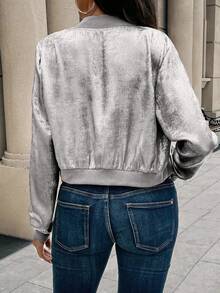 SHEIN LUNE 秋季新款金属金色拉链罗纹袖口棒球夹克，修身剪裁，优雅百搭，短款开衫上衣，适合新年假日派对穿着 - 銀色 - 查看 2