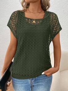 Balvessa Women's Lace Patchwork Asymmetric Shoulder Blouse - Army Green - View 4