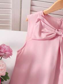 Đầm không tay thanh lịch cho bé gái với nơ trang trí và viền bèo nhún, đầm đỏ không tay duyên dáng cho trẻ em, thích hợp cho mùa xuân và mùa hè. - Hồng - Xem 6