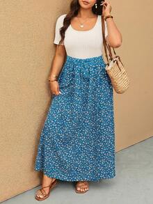 Elaquor Plus Size Women Patchwork Ditsy Floral Side Slit Hem Casual Dress - Royal Blue - View 5