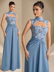 Coutiva Women's Floral Sequin Hollow-Out Formal Evening Gown,Elegant High-End Sleeveless Luxury Party Dress For Wedding,Graduation Ceremony & Ball Ceremony - Dusty Blue - View 6
