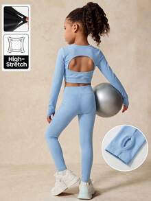 SHEIN Bộ 2 món đồ thể thao thường ngày cho bé gái, gồm áo và quần. - Màu xanh lam - Xem 5