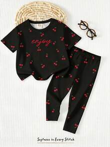 Baby Girl Cute Black And Red Cherry Letter Pattern T-Shirt & Leggings Set,Autumn Family Matching Casual Round Neck Long Sleeve Outfit For Vacation - White - View 8