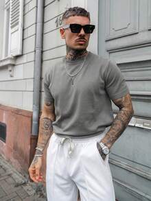 Artur Kramer Men's Casual Solid Color Short Sleeve Pullover Knitted Sweater, Spring/Summer - Dark Grey - View 2