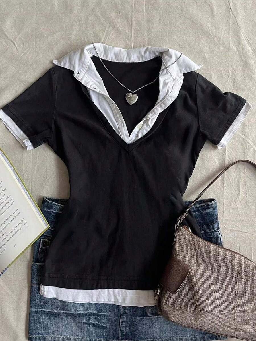 IslaSuriya Women Casual Basic Sexy 2 In 1 Patchwork Top, Versatile For Daily Wear Back-To-School Golf White Summer - Black and White - View 1