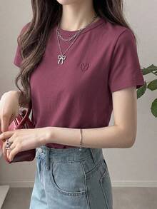 DAZY Solid Color Embroidered Heart Short Sleeve T-Shirt Summer,Business Casual Women - Purple - View 7