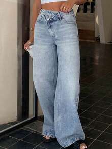DAZY Quần jeans nữ cạp thấp, ống thẳng, có túi - Rửa nhẹ - Xem 3