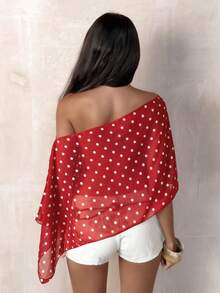 TRNVIE Blusa asimétrica de hombro de malla con lunares negros para mujer, primavera/verano - Rojo - Ver 2