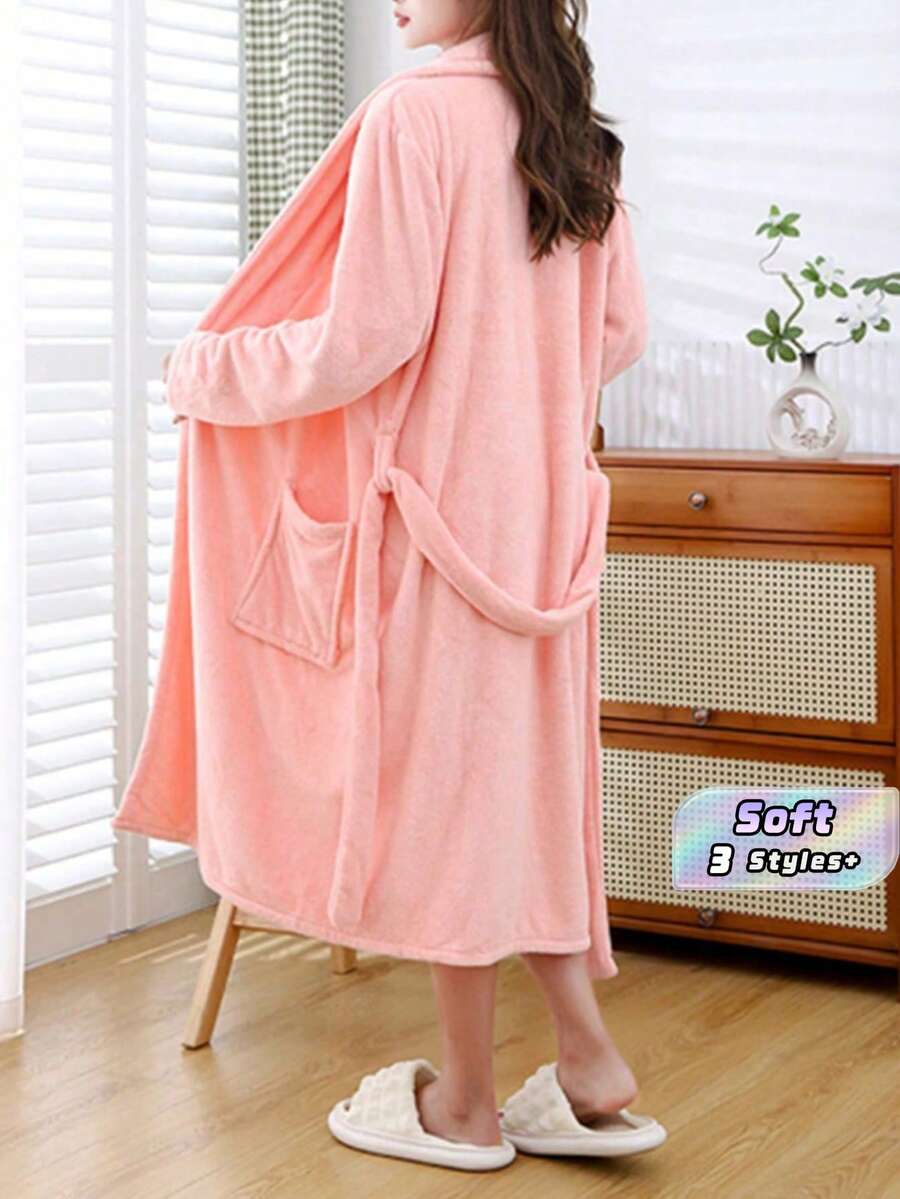 1pc Sleeved Home Bathrobe, Lapel Long Robe, Solid Color Coral Velvet, Soft, Absorbent, Bathing, Hotel Swimming Pool, Beauty Salon, Personal Use Gift - Pink - View 1