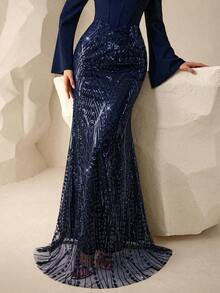 Coutiva Women's Beaded One-Piece Formal Evening Gown (Heavily Embellished) - Navy Blue - View 6