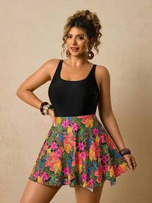 Travachic Plus Size Women Black Patchwork Print One-Piece Swimsuit - Multicolor - View 4