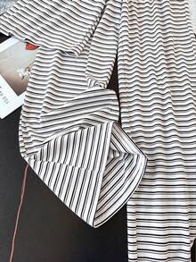 SHEIN 少女针织条纹圆领短袖修身T恤和配套打底裤套装，百搭休闲套装 - 白色 - 查看 4