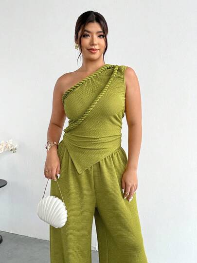 Firerie Plus Size Women Solid Color Pleated Shoulder Top And Pants Casual 2 Pieces Set