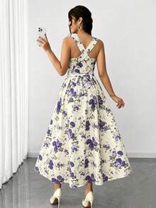 SHEIN Raffinéa Đầm nữ thanh lịch, lãng mạn, in hoa màu tím, chất liệu co giãn cao cấp, dây mảnh, thiết kế buộc eo, nơ thắt sau lưng, eo nhún, thiết kế đa năng phù hợp cho tiệc tùng, lễ hội âm nhạc, thường ngày, kỳ nghỉ, hẹn hò, ngày Valentine, đầm dài ngang gối, mùa xuân/hè, lễ tốt nghiệp, dạ hội, dự tiệc cưới, đầm dài nữ. - Nhiều màu - Xem 2