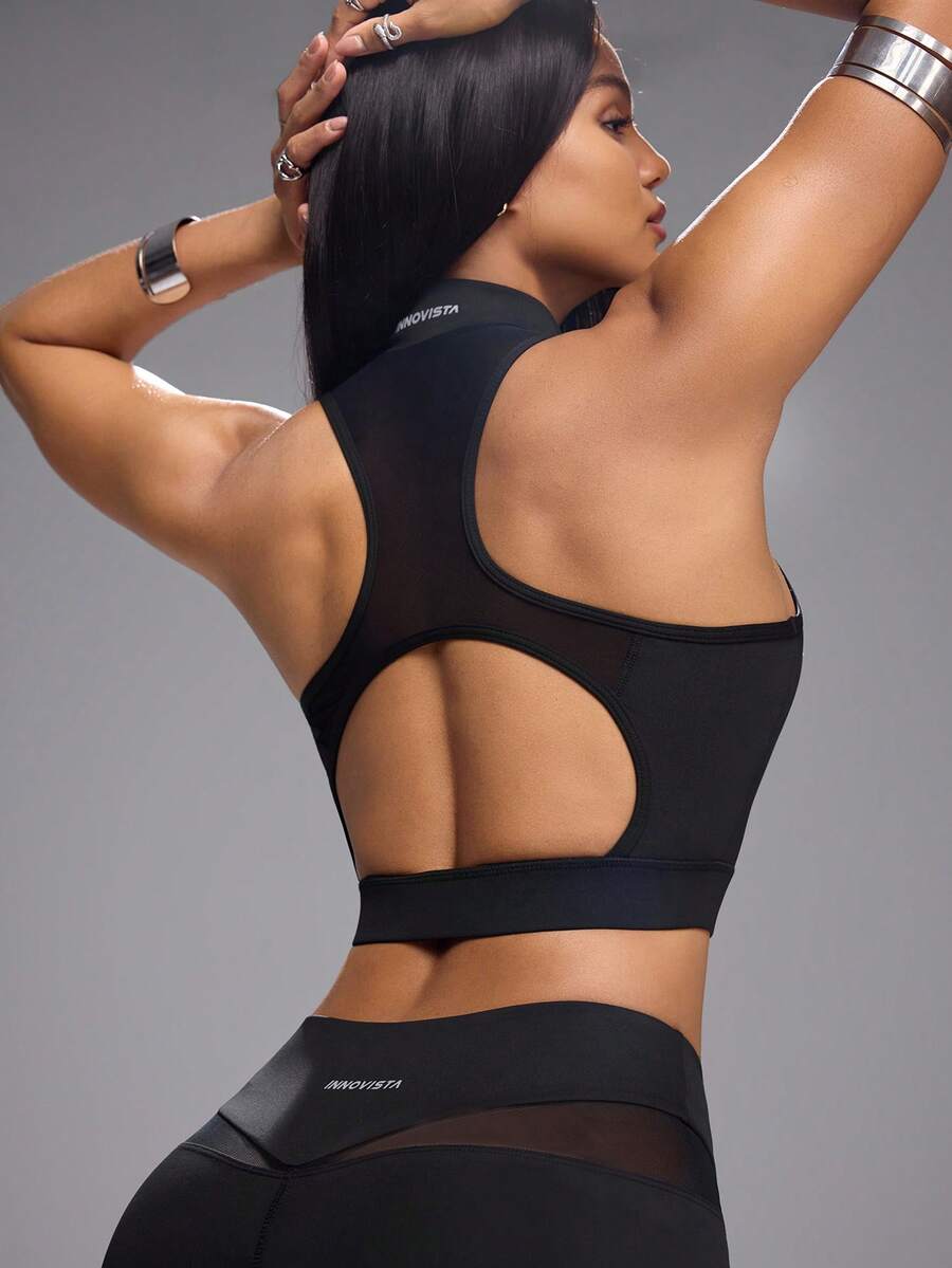 Innovista Letter Print Zipper Tight Backless Summer Sports Tank Top - Black - View 1