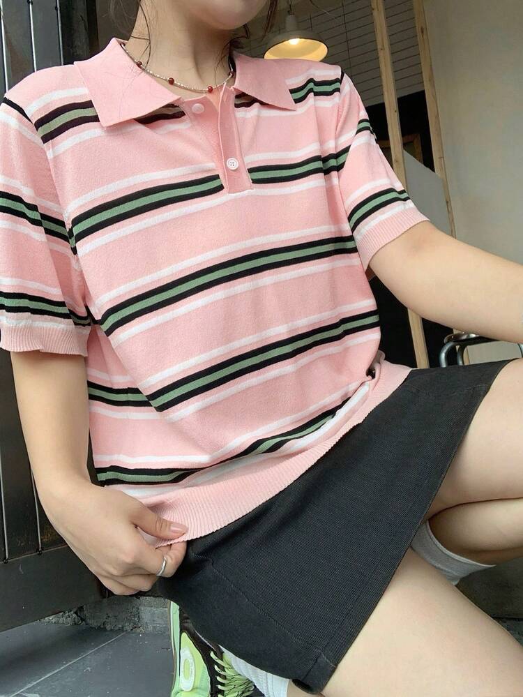Dazy Plus Contrast Stripe Fitted Short Sleeve Polo Collar Casual Lightweight Knit Top, Plus Size Women, Spring/Summer