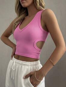 DAZY Women's Summer Round Neck Backless Hollow Design Fitted Cropped Casual Sexy Camisole Top Night Out Pink - Red - View 4