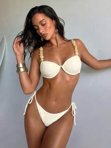Aloruh 女款新款春夏泳衣套裝，純白色泳衣套裝配鋼圈杯，珠飾裝飾，波西米亞優雅性感復古女款海灘套裝，女款泳衣 - 米色 - 查看 6