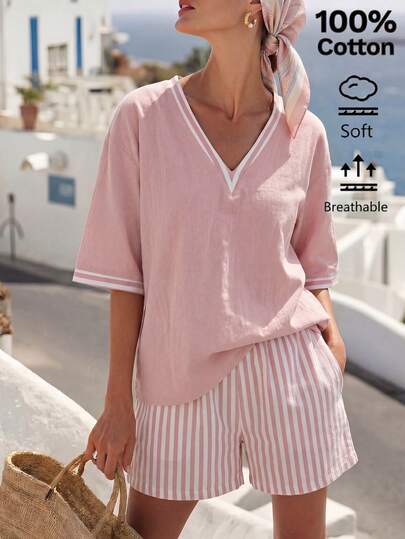 SHEIN Holidaya Bộ 2 món mùa hè gồm áo cotton nguyên chất cổ chữ V không tay phối viền tương phản + quần short kẻ sọc thanh lịch, phong cách bohemian, thích hợp mặc đi nghỉ mát, đi làm hàng ngày, bộ đồ kẻ sọc cổ điển, quần short đi nghỉ mát, áo đi nghỉ mát, trang phục nữ phong cách đồng quê, bộ đồ công sở nữ, trang phục đi biển, bộ đồ đi nghỉ mát.