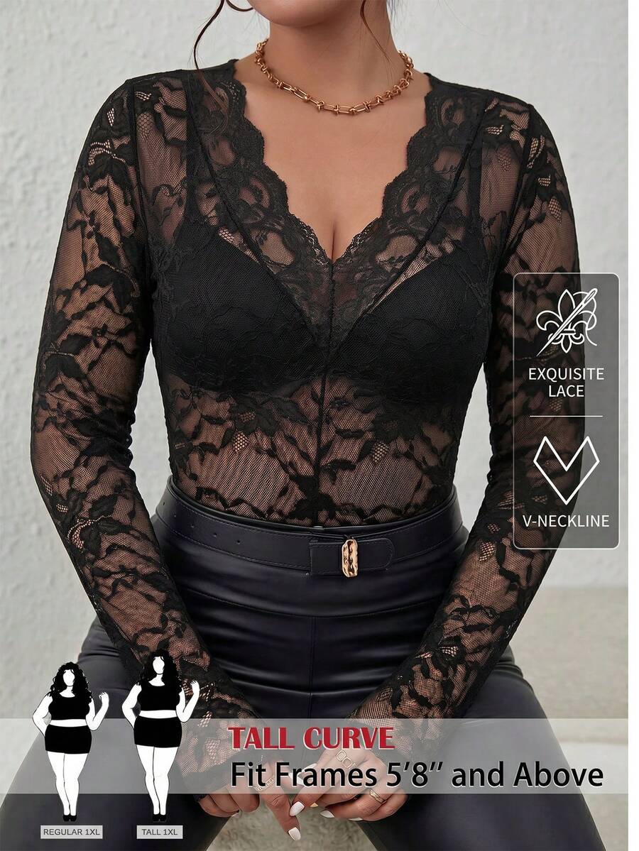 SHEIN Tall CURVE 大码女士时尚优雅性感蕾丝刺绣薄纱长袖衬衫 - 黑色 - 查看 1