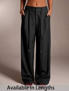 SHEIN Tall CURVE CURVE 大尺碼女款高個子寬腿褲，高腰黑色休閒辦公度假長褲，日常商務休閒優雅秋季款 - 黑色 - 查看 8