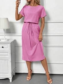 SHEIN Clasi Đầm ngắn tay cổ tròn dáng suông màu mơ, thích hợp cho kỳ nghỉ hè, dạo chơi và đi làm hàng ngày. - Màu Hồng Tươi - Xem 1