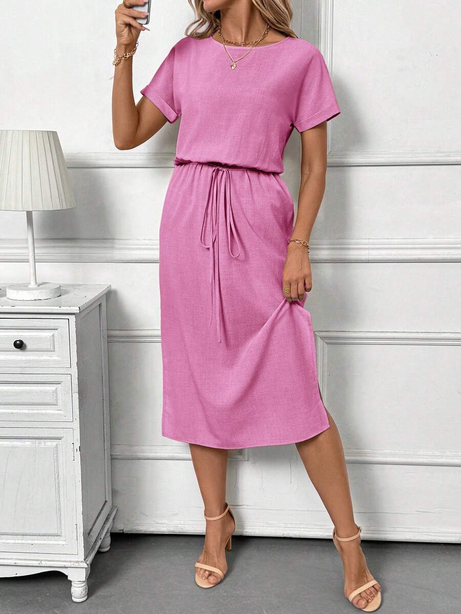 SHEIN Clasi Đầm ngắn tay cổ tròn dáng suông màu mơ, thích hợp cho kỳ nghỉ hè, dạo chơi và đi làm hàng ngày. - Màu Hồng Tươi - Xem 1