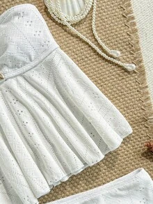SHEIN Bộ đồ bơi 2 mảnh dành cho bé gái tuổi teen, gồm áo tankini buộc dây cổ và áo tankini tam giác, có họa tiết kim loại. - Màu vàng - Xem 4