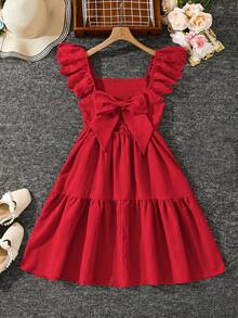 Emery Rose Kids Emery Rose Kids 少女平纹方领荷叶边休闲连衣裙 米色连衣裙 女童米色连衣裙 少女香槟色连衣裙 女童荷叶边连衣裙 - 紅色 - 查看 2