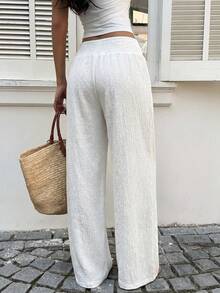Sunnyshic Women's Off-White 100% Cotton Pleated Waist Straight Leg Pants,Casual Trousers For Summer,Holiday,Vacation,Holiday Beach Strolling Minimalist - White - View 2