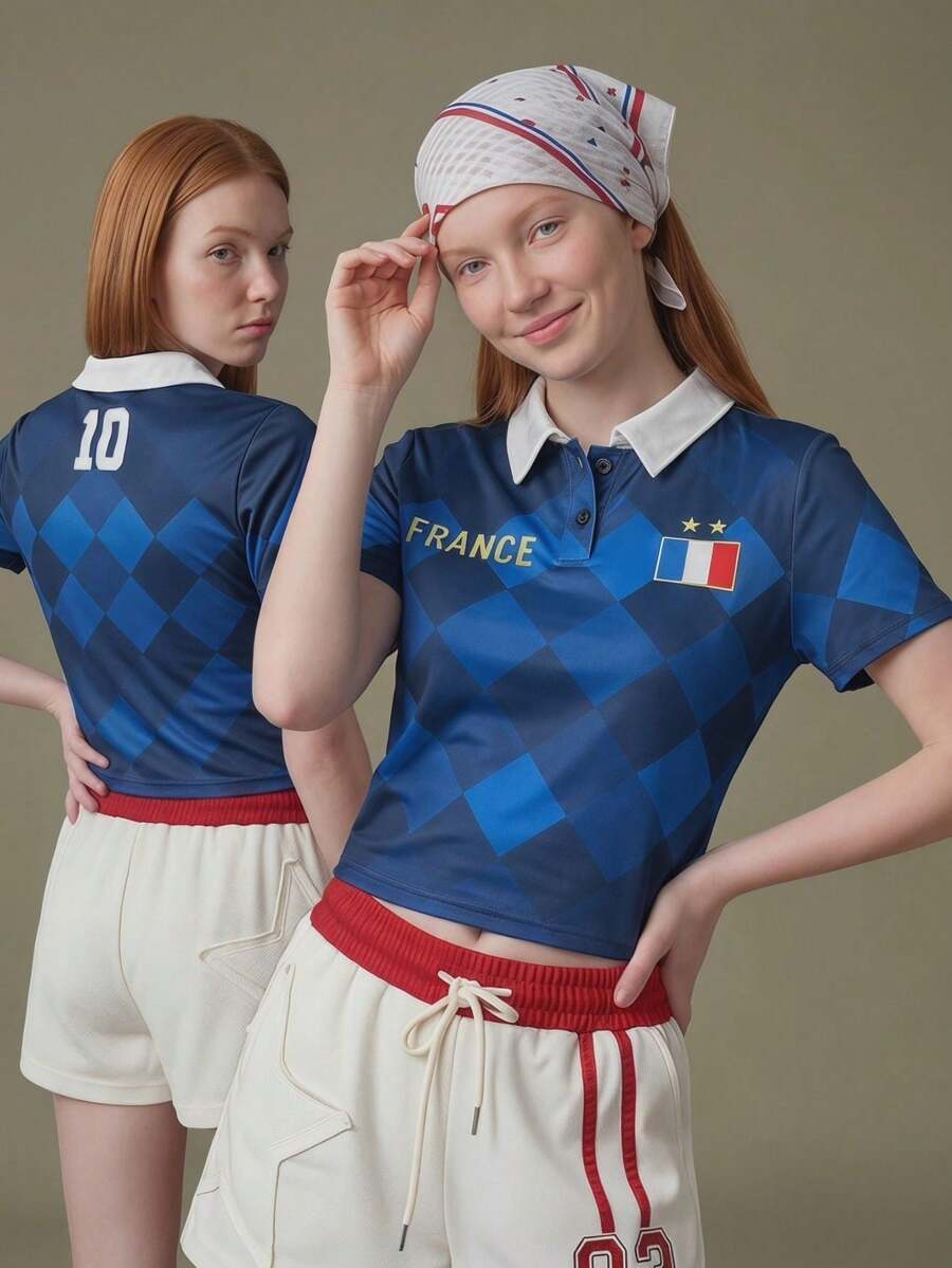 Elnivra 2026年足球世界盃法國足球球衣風格女款短版T恤,足球球迷上衣,法國隊支持者,適用於美國–加拿大–墨西哥 - 藏蓝色 - 查看 1