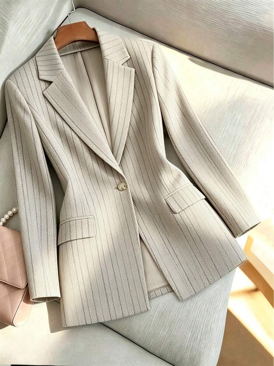 Franclia 卡其色休闲西装外套,适合通勤,秋冬皆宜。这款长袖卡其色西装外套带有口袋,简约优雅,收腰设计,搭配时尚的深色条纹,完美适用于日常工作、外出、休闲度假、毕业季等各种场合。时尚休闲通勤装、商务办公装、百搭时尚的日常休闲装、都市教师职业装、女士套装、女士西装外套、细条纹西装外套。 - 卡其色 - 查看 1