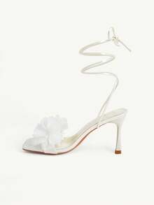 CUCCOO CHICEST 春夏网纱花朵装饰单扣露趾粗跟仙女风缎面网纱浅粉色女士高跟凉鞋，适合约会、派对、通勤、购物、宴会、婚礼、节日等场合，是馈赠佳品。 - 白s - 查看 5