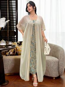 Modelyn Plus Size Women's Jacquard Tube Dress & Sheer Chiffon 3/4 Sleeve Fitted Elegant Long Thin Cardigan 2-Piece Set - Mint Green - View 3