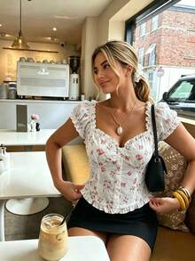 Elegante camisa de mujer con bordado floral en jacquard, disponible en múltiples colores, con diseño de cintura entallada y volantes - Blanco - Ver 4