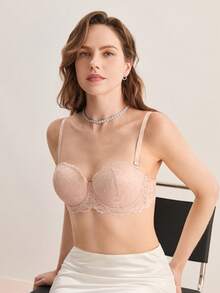 Hourtrue Pink Sexy Lace Trim Underwire Bra, Padded Push Up Bra With Removable Straps For Small Bust - Pink - View 6